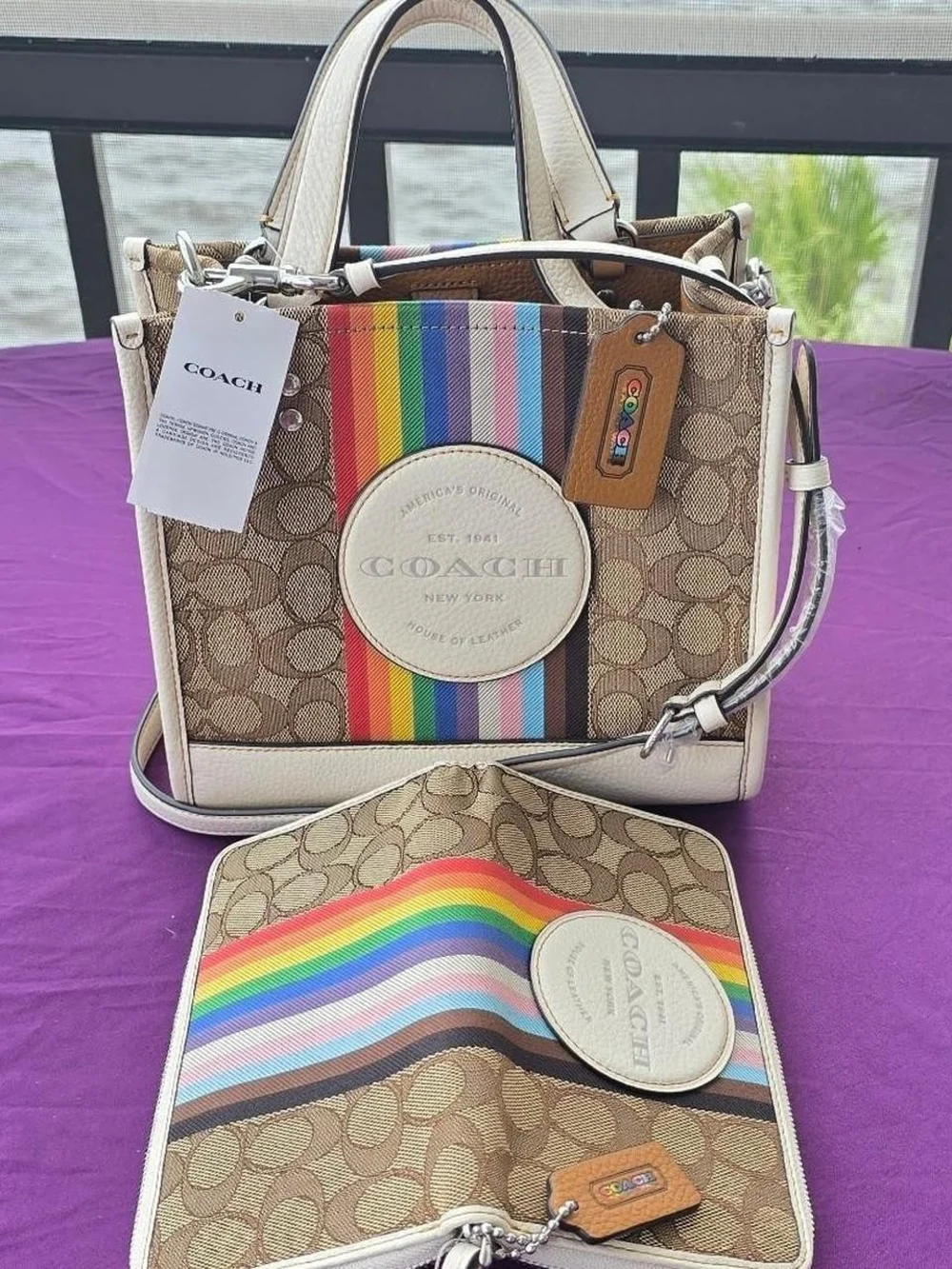 Coach Rainbow Stripe Signature Print White Leather Trim Tote & Matching Wallet
